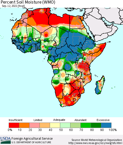 Africa Percent Soil Moisture (WMO) Thematic Map For 9/6/2021 - 9/12/2021