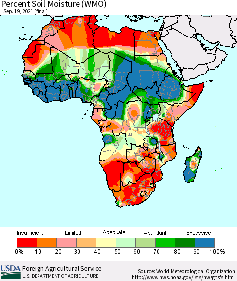 Africa Percent Soil Moisture (WMO) Thematic Map For 9/13/2021 - 9/19/2021