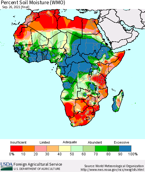 Africa Percent Soil Moisture (WMO) Thematic Map For 9/20/2021 - 9/26/2021