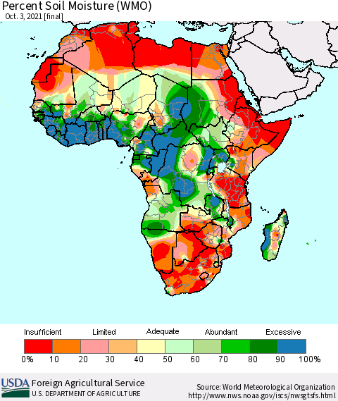 Africa Percent Soil Moisture (WMO) Thematic Map For 9/27/2021 - 10/3/2021