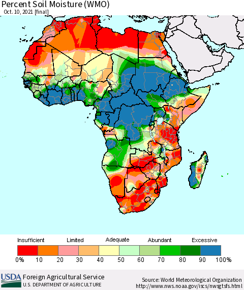 Africa Percent Soil Moisture (WMO) Thematic Map For 10/4/2021 - 10/10/2021