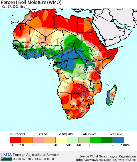 Africa Percent Soil Moisture (WMO) Thematic Map For 10/11/2021 - 10/17/2021