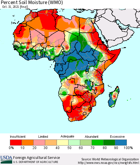 Africa Percent Soil Moisture (WMO) Thematic Map For 10/25/2021 - 10/31/2021