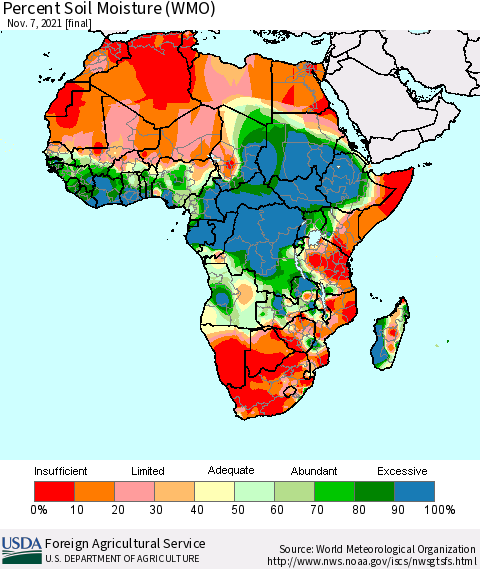 Africa Percent Soil Moisture (WMO) Thematic Map For 11/1/2021 - 11/7/2021