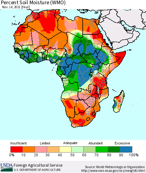 Africa Percent Soil Moisture (WMO) Thematic Map For 11/8/2021 - 11/14/2021