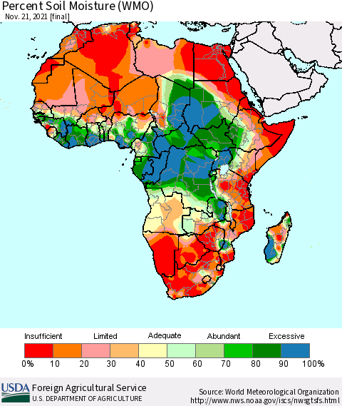 Africa Percent Soil Moisture (WMO) Thematic Map For 11/15/2021 - 11/21/2021