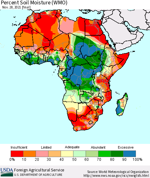 Africa Percent Soil Moisture (WMO) Thematic Map For 11/22/2021 - 11/28/2021