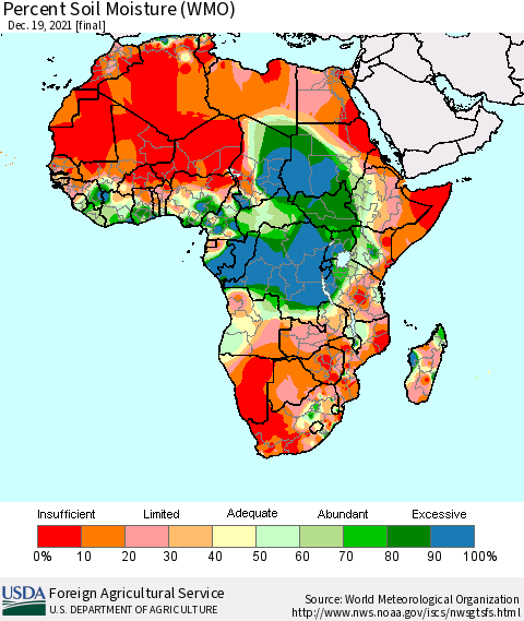 Africa Percent Soil Moisture (WMO) Thematic Map For 12/13/2021 - 12/19/2021