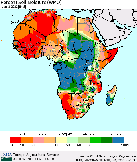 Africa Percent Soil Moisture (WMO) Thematic Map For 12/27/2021 - 1/2/2022