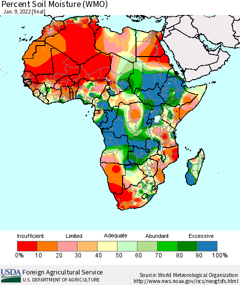Africa Percent Soil Moisture (WMO) Thematic Map For 1/3/2022 - 1/9/2022