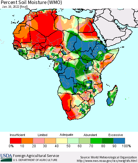 Africa Percent Soil Moisture (WMO) Thematic Map For 1/10/2022 - 1/16/2022