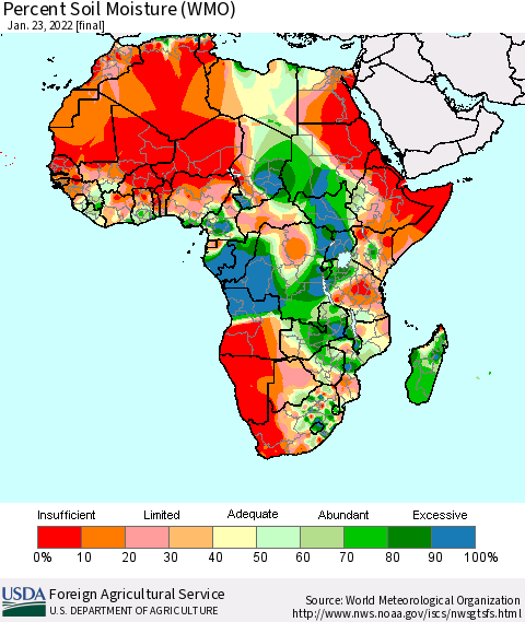 Africa Percent Soil Moisture (WMO) Thematic Map For 1/17/2022 - 1/23/2022