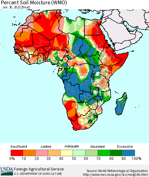 Africa Percent Soil Moisture (WMO) Thematic Map For 1/24/2022 - 1/30/2022
