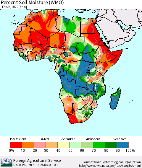Africa Percent Soil Moisture (WMO) Thematic Map For 1/31/2022 - 2/6/2022