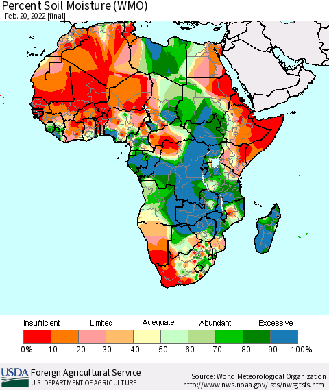 Africa Percent Soil Moisture (WMO) Thematic Map For 2/14/2022 - 2/20/2022