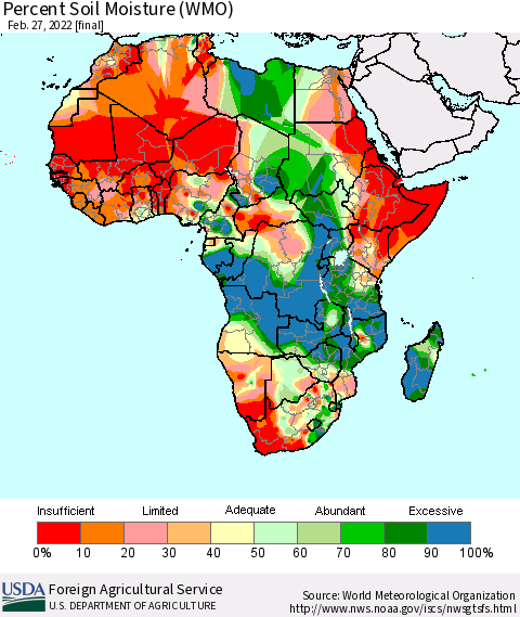 Africa Percent Soil Moisture (WMO) Thematic Map For 2/21/2022 - 2/27/2022