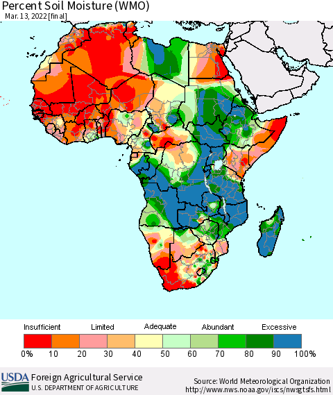 Africa Percent Soil Moisture (WMO) Thematic Map For 3/7/2022 - 3/13/2022