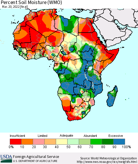 Africa Percent Soil Moisture (WMO) Thematic Map For 3/14/2022 - 3/20/2022