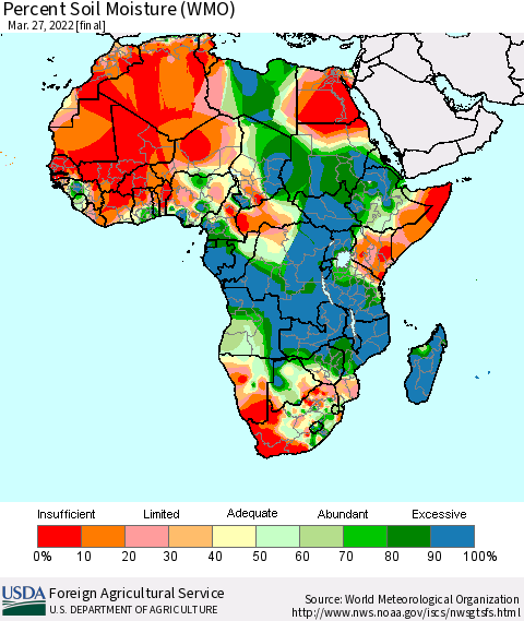Africa Percent Soil Moisture (WMO) Thematic Map For 3/21/2022 - 3/27/2022