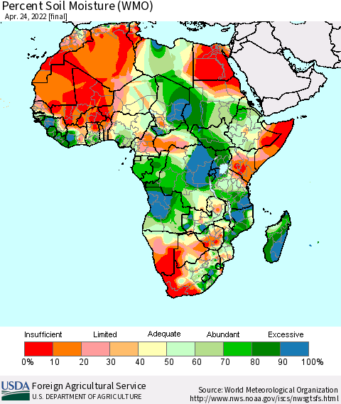 Africa Percent Soil Moisture (WMO) Thematic Map For 4/18/2022 - 4/24/2022