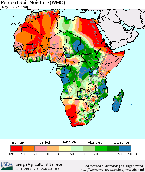 Africa Percent Soil Moisture (WMO) Thematic Map For 4/25/2022 - 5/1/2022