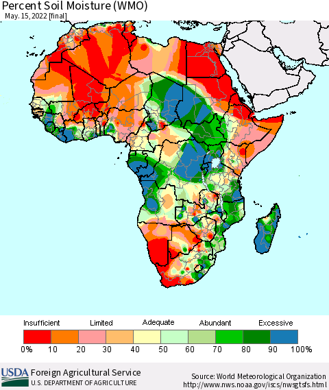 Africa Percent Soil Moisture (WMO) Thematic Map For 5/9/2022 - 5/15/2022