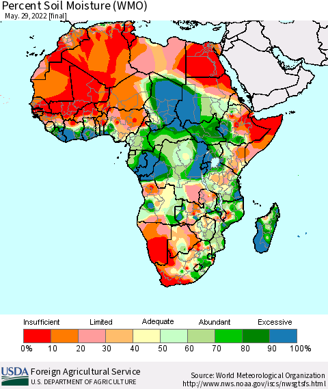 Africa Percent Soil Moisture (WMO) Thematic Map For 5/23/2022 - 5/29/2022