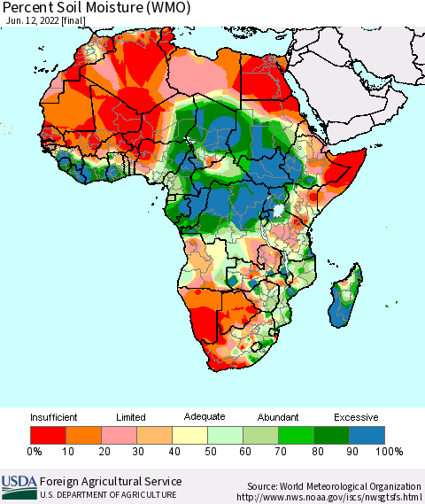 Africa Percent Soil Moisture (WMO) Thematic Map For 6/6/2022 - 6/12/2022