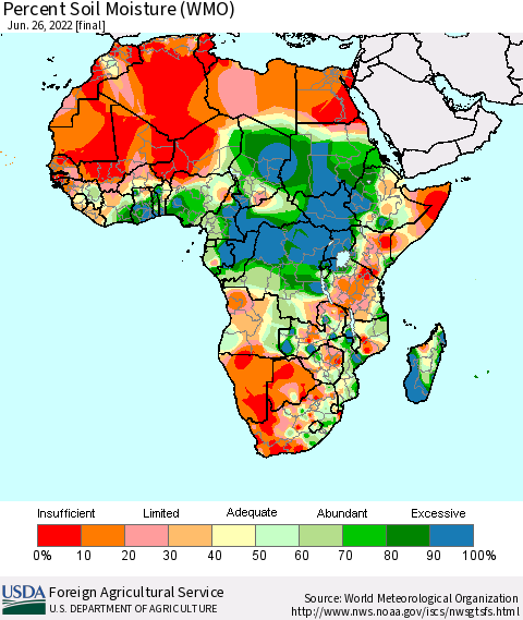 Africa Percent Soil Moisture (WMO) Thematic Map For 6/20/2022 - 6/26/2022