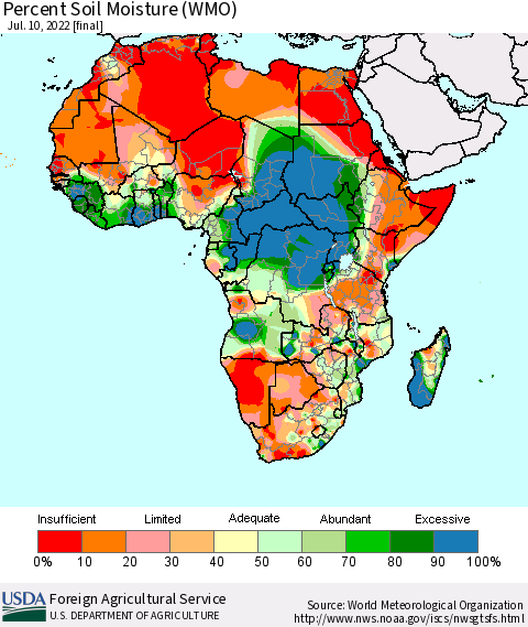 Africa Percent Soil Moisture (WMO) Thematic Map For 7/4/2022 - 7/10/2022