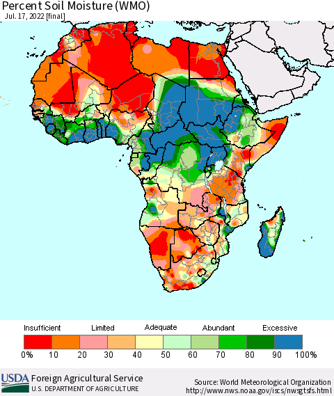 Africa Percent Soil Moisture (WMO) Thematic Map For 7/11/2022 - 7/17/2022