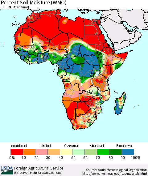 Africa Percent Soil Moisture (WMO) Thematic Map For 7/18/2022 - 7/24/2022