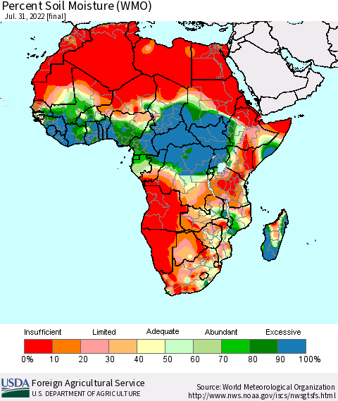 Africa Percent Soil Moisture (WMO) Thematic Map For 7/25/2022 - 7/31/2022