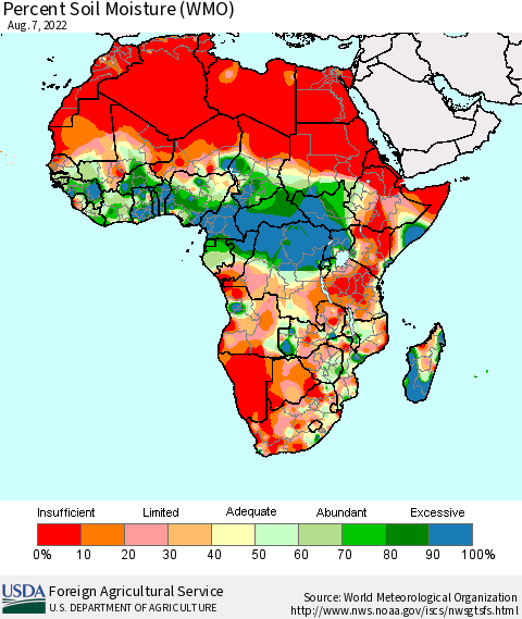 Africa Percent Soil Moisture (WMO) Thematic Map For 8/1/2022 - 8/7/2022