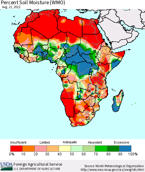 Africa Percent Soil Moisture (WMO) Thematic Map For 8/15/2022 - 8/21/2022