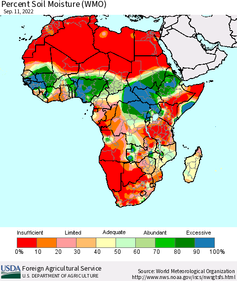 Africa Percent Soil Moisture (WMO) Thematic Map For 9/5/2022 - 9/11/2022