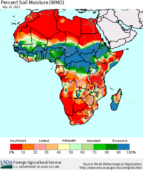 Africa Percent Soil Moisture (WMO) Thematic Map For 9/12/2022 - 9/18/2022