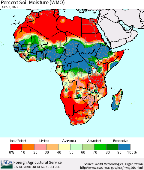 Africa Percent Soil Moisture (WMO) Thematic Map For 9/26/2022 - 10/2/2022