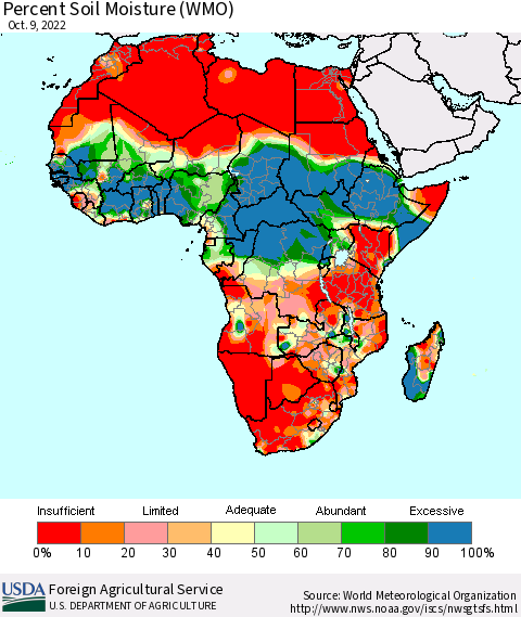 Africa Percent Soil Moisture (WMO) Thematic Map For 10/3/2022 - 10/9/2022