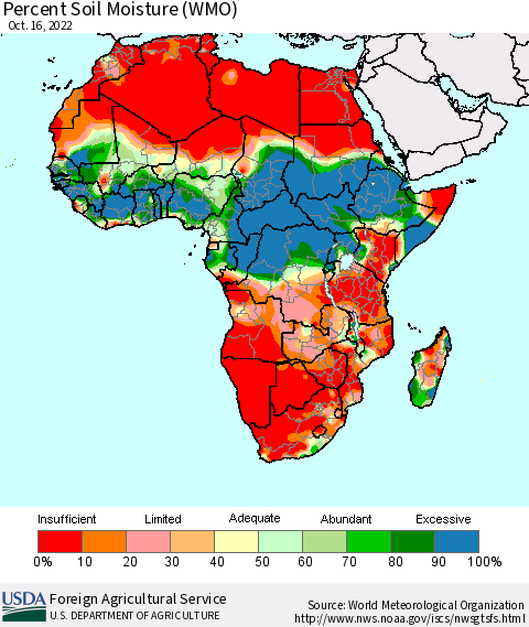 Africa Percent Soil Moisture (WMO) Thematic Map For 10/10/2022 - 10/16/2022
