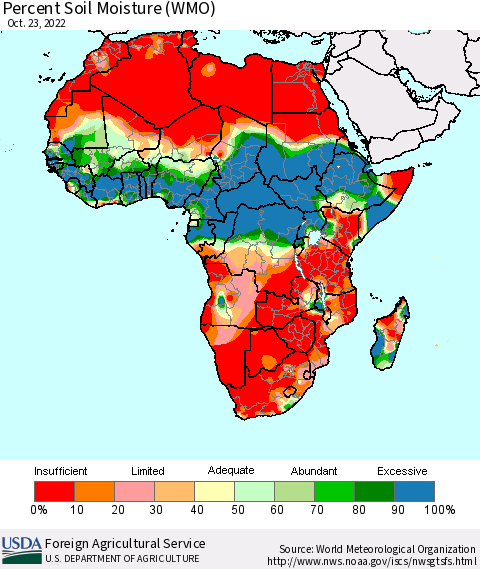 Africa Percent Soil Moisture (WMO) Thematic Map For 10/17/2022 - 10/23/2022