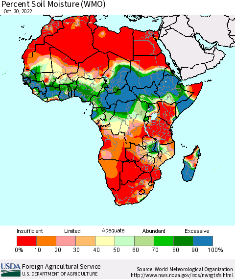 Africa Percent Soil Moisture (WMO) Thematic Map For 10/24/2022 - 10/30/2022