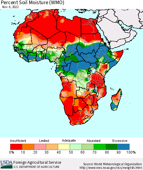 Africa Percent Soil Moisture (WMO) Thematic Map For 10/31/2022 - 11/6/2022