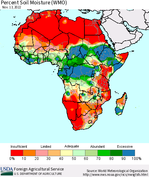 Africa Percent Soil Moisture (WMO) Thematic Map For 11/7/2022 - 11/13/2022
