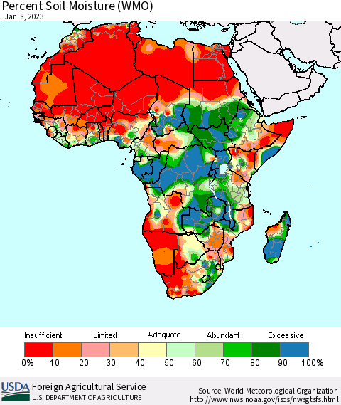 Africa Percent Soil Moisture (WMO) Thematic Map For 1/2/2023 - 1/8/2023
