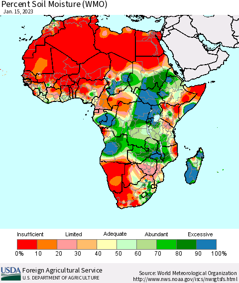 Africa Percent Soil Moisture (WMO) Thematic Map For 1/9/2023 - 1/15/2023