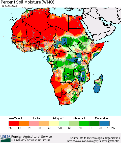 Africa Percent Soil Moisture (WMO) Thematic Map For 1/16/2023 - 1/22/2023