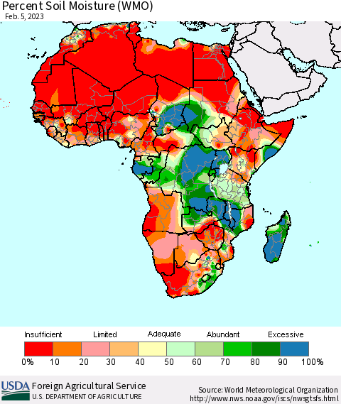 Africa Percent Soil Moisture (WMO) Thematic Map For 1/30/2023 - 2/5/2023