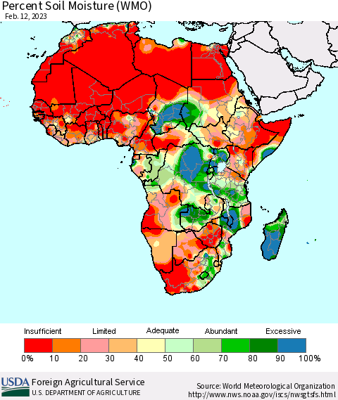 Africa Percent Soil Moisture (WMO) Thematic Map For 2/6/2023 - 2/12/2023