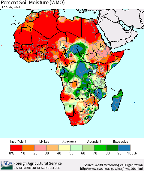 Africa Percent Soil Moisture (WMO) Thematic Map For 2/20/2023 - 2/26/2023